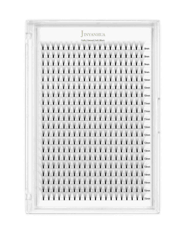 Volume lash extension set in clear case, mixed lash lengths and glue heights