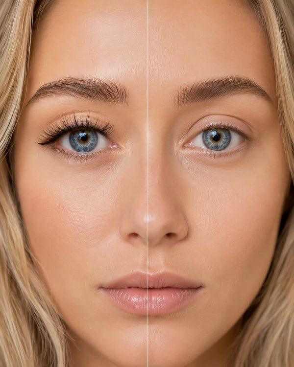 Applied false lashes on blue eyes with defined upper lash line