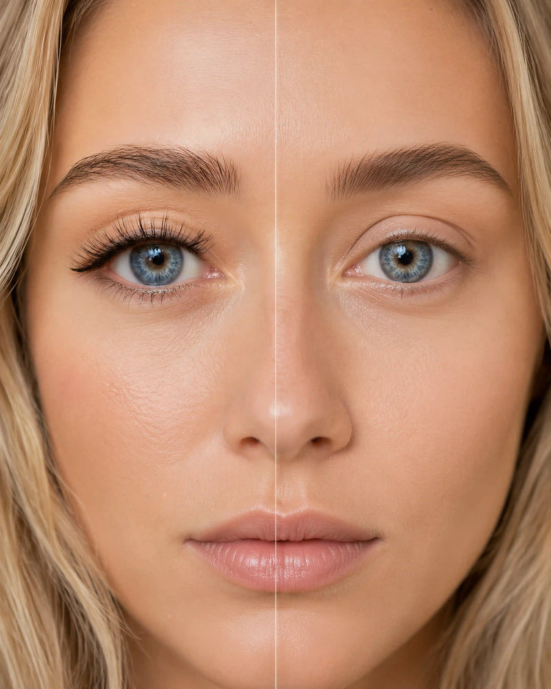 Applied false lashes on blue eyes with defined upper lash line