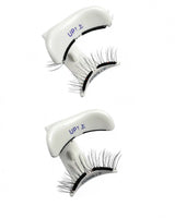 Magnetic eyelash strips with curved white covers labeled UPT and DOWN