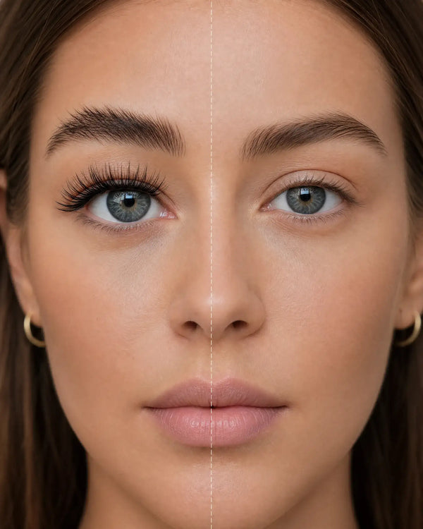 False magnetic lash look on both eyes, long voluminous dark lashes and defined brows