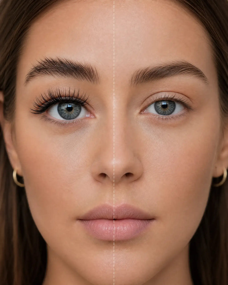 False magnetic lash look on both eyes, long voluminous dark lashes and defined brows