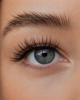 High-density false eyelashes with natural dark black wispy lashes, close-up on one eye