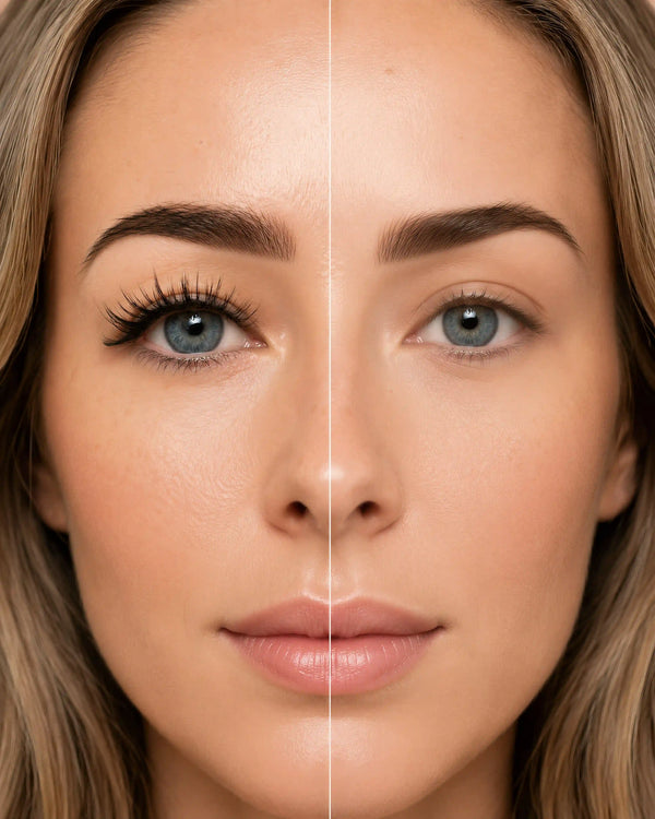 Magnetic false eyelashes on natural eyes, long curled black lash look
