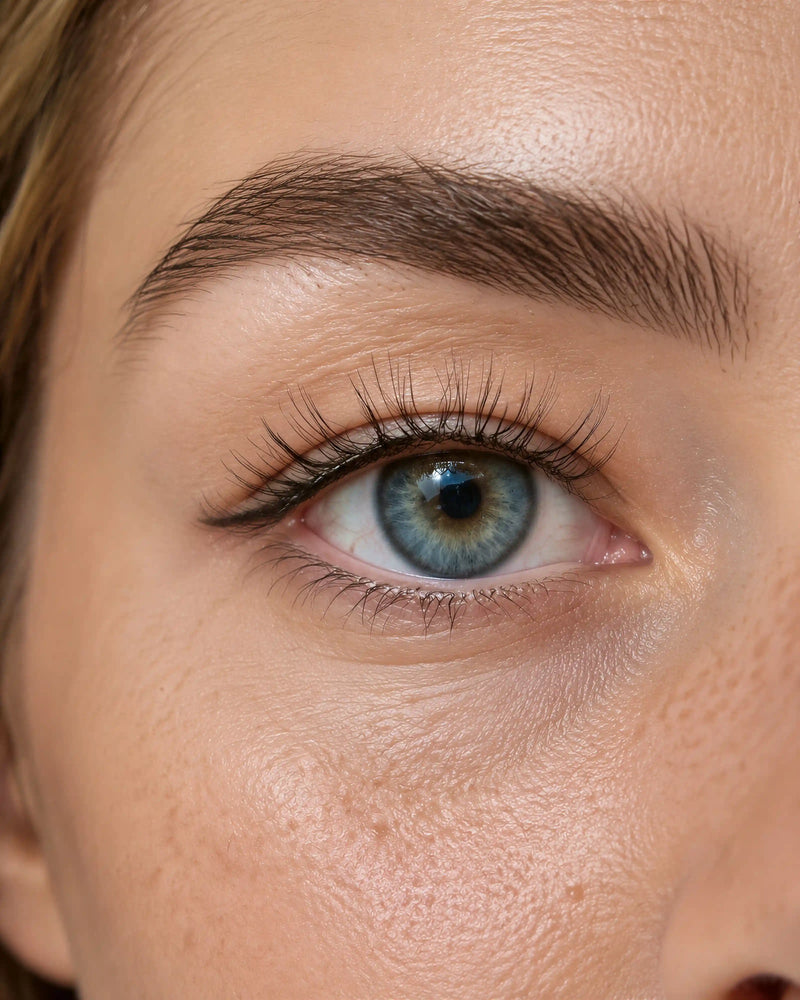 Close-up of blue eye with curled black lashes for enhanced volume