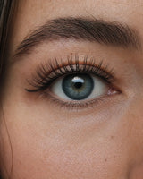 Magnetic false eyelashes with long, dense black lashes on blue eye