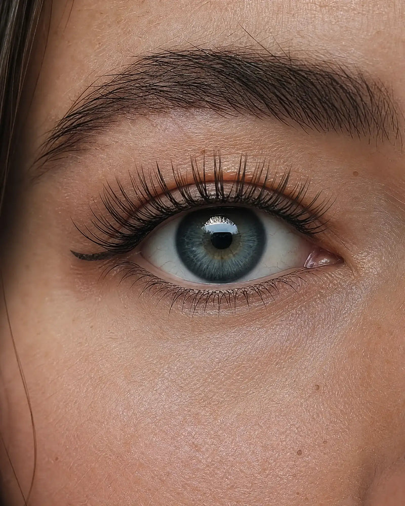 Magnetic false eyelashes with long, dense black lashes on blue eye