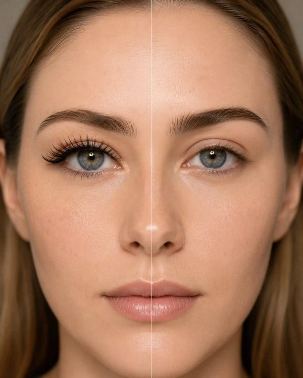 False eyelashes on close-up eye, black lashes with natural lift