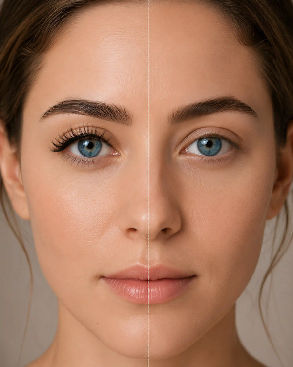 Applied magnetic eyelashes with full, curled lash line on blue eyes