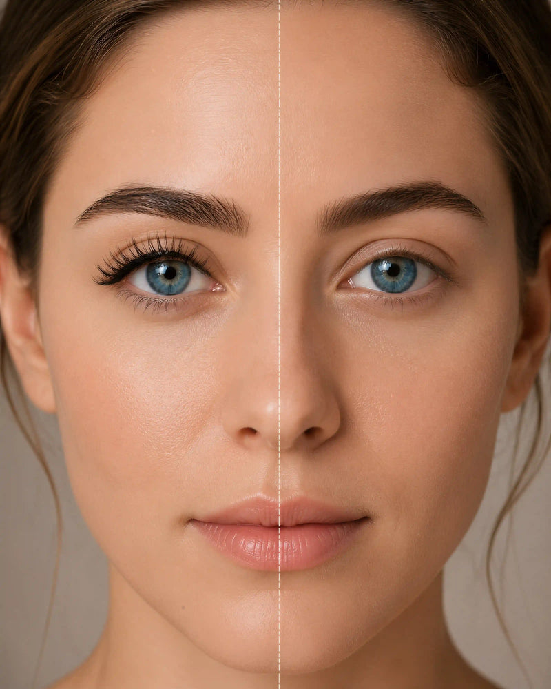Applied magnetic eyelashes with full, curled lash line on blue eyes