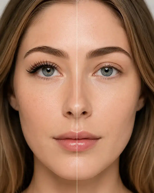 Thick, voluminous false eyelashes on eyes, natural look with curled lashes
