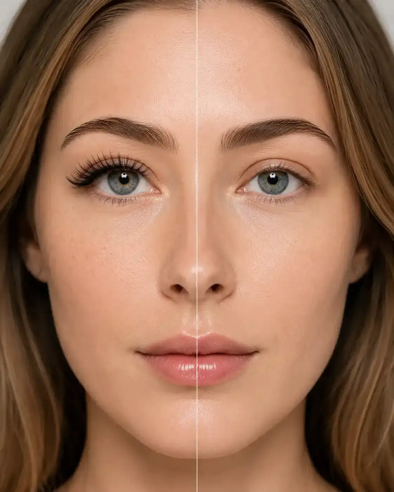 Thick, voluminous false eyelashes on eyes, natural look with curled lashes