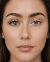 Magnetic fake eyelashes on eyes, natural lash look face close-up