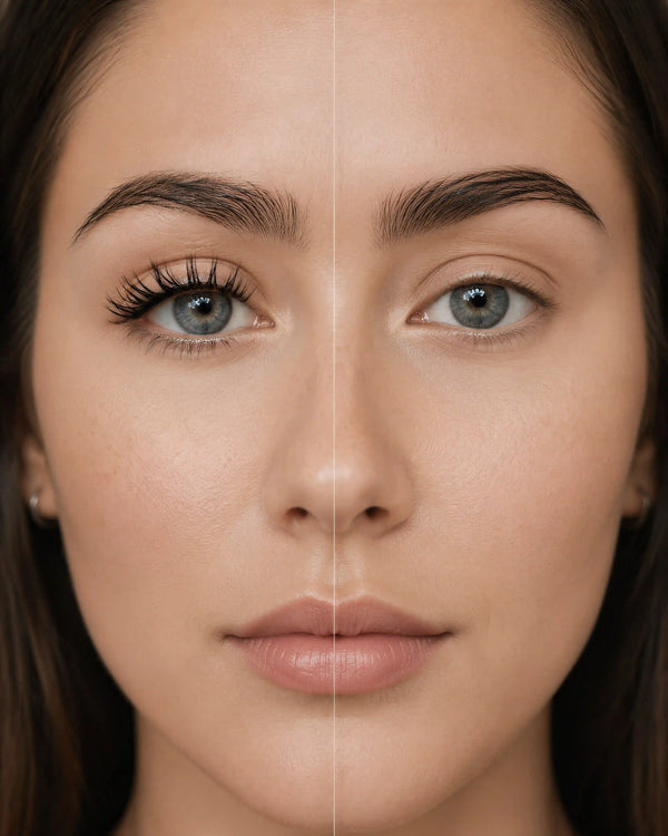 Magnetic fake eyelashes on eyes, natural lash look face close-up