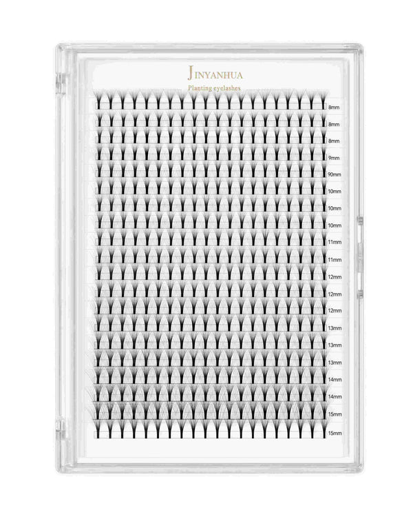 Mixed eyelash extension tray with 8–15 mm cluster rows and length labels