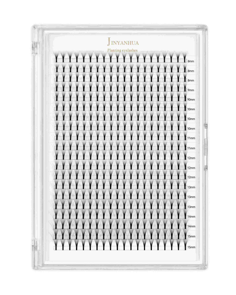 Mixed eyelash extension tray with 8–15 mm cluster rows and length labels