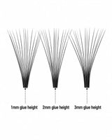 Eyelash extension strands set showing 1mm, 2mm, and 3mm glue heights