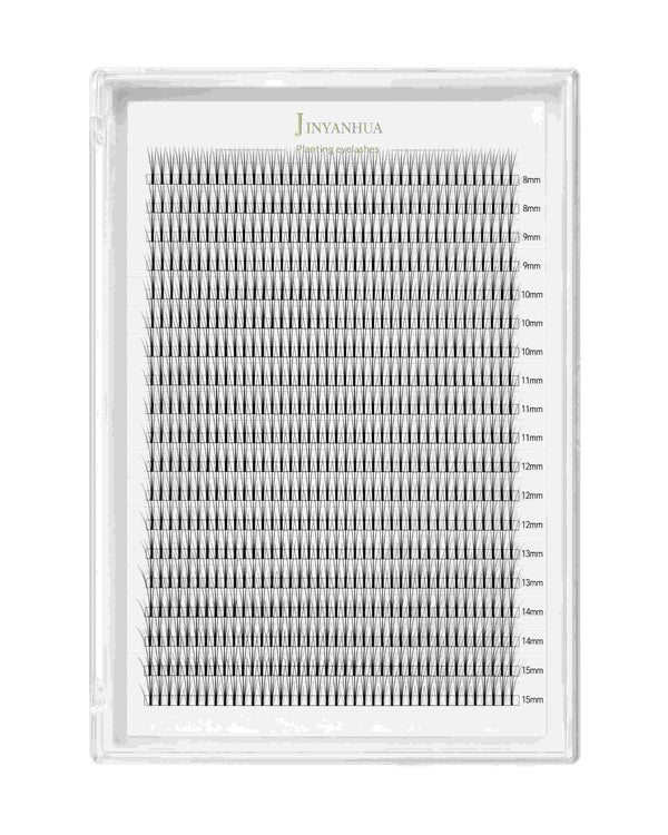 False eyelash cluster set in clear tray showing 8–15mm lengths