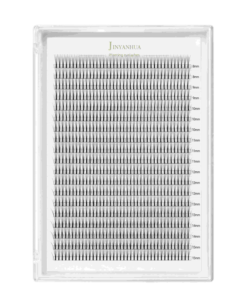 False eyelash cluster set in clear tray showing 8–15mm lengths