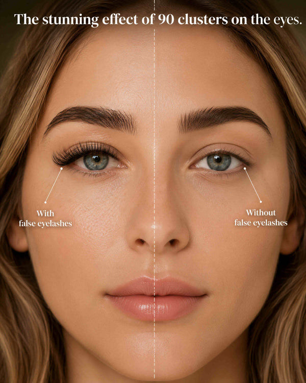 Front view showing false eyelashes vs natural lashes in split comparison