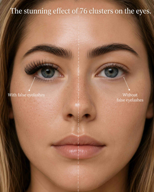 False eyelash clusters on eyes, split comparison with and without lash look