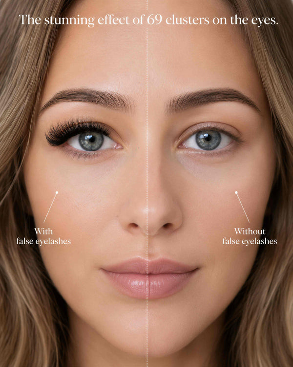 False eyelash clusters on eyes, with vs without lash effect comparison
