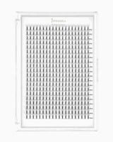 Clear tray of black eyelash extension clusters in rows with marked lengths