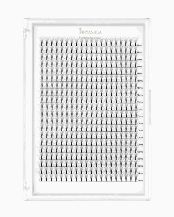Clear tray of black eyelash extension clusters in rows with marked lengths
