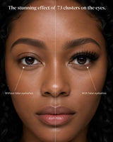 Model with black eyelash extensions on one eye, compared to bare lashes