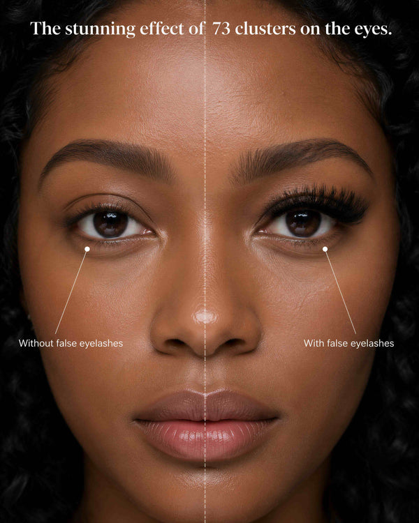 Model with black eyelash extensions on one eye, compared to bare lashes