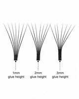 Set of black eyelash extension fans with glue heights 1mm, 2mm, and 3mm
