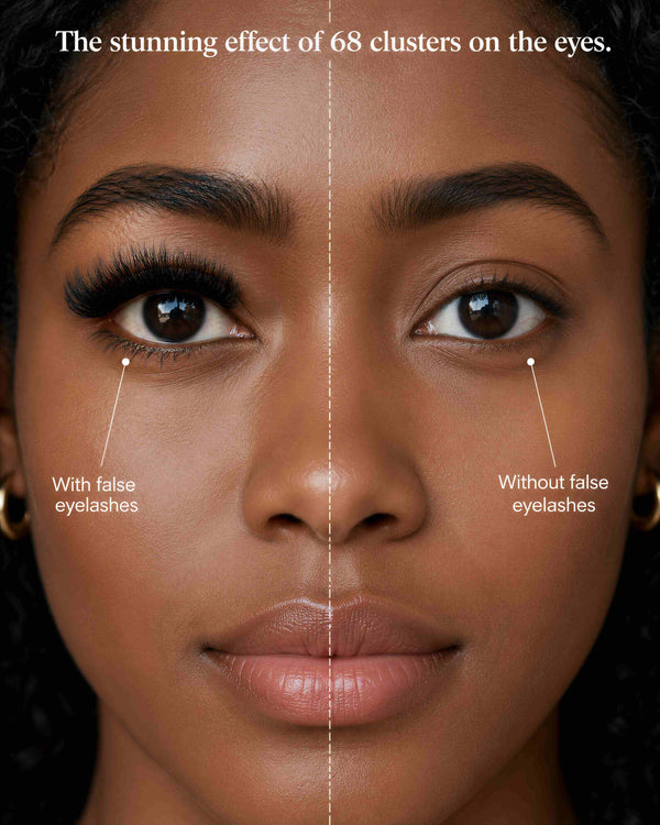 Matte black false eyelash clusters on both eyes, creating a fuller lash line