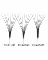 Matte black cluster lash strips showing 1mm, 2mm, and 3mm glue heights