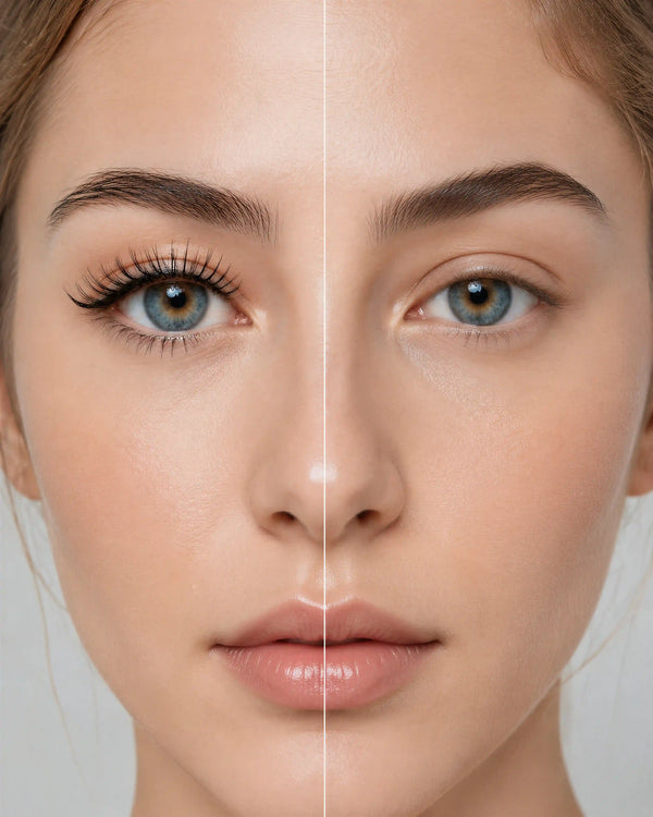 Natural false lashes on model eyes, long curved lash line for volume