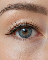 Close-up eye with natural magnetic false lashes, curled lashes fanning outward