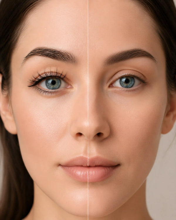 Magnetic false lashes on eye, long curled black lashes on blue-green eyes