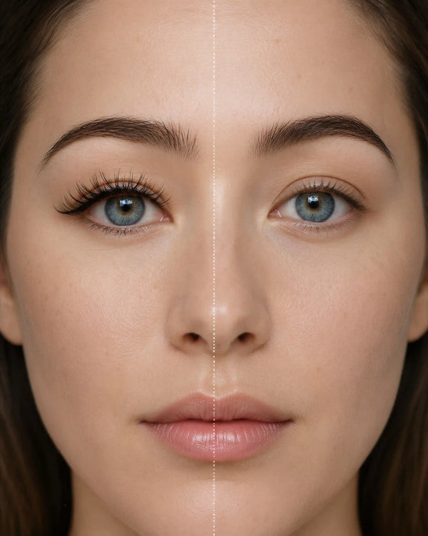 Woman wearing long black false eyelashes, blue eyes, subtle lash definition