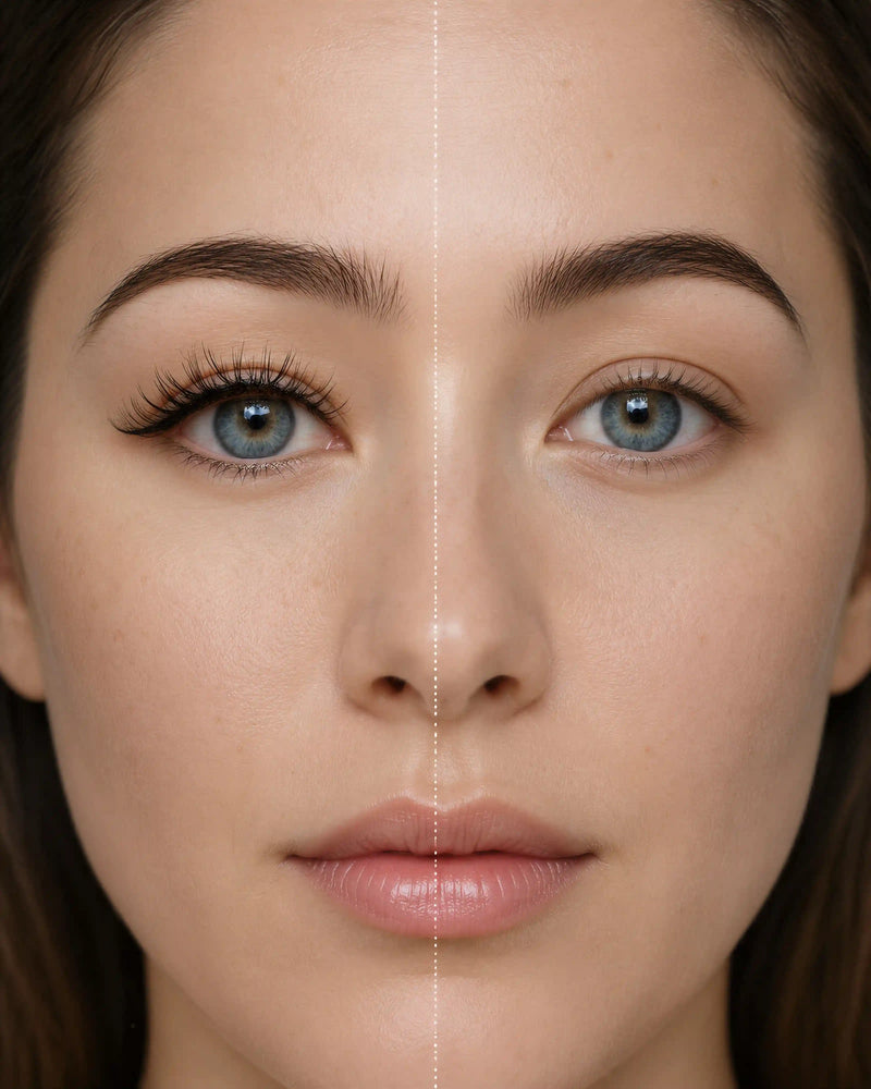 Woman wearing long black false eyelashes, blue eyes, subtle lash definition