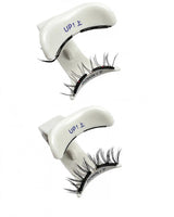 Magnetic eyelash strips with light gray backing and labeled bands, black lashes