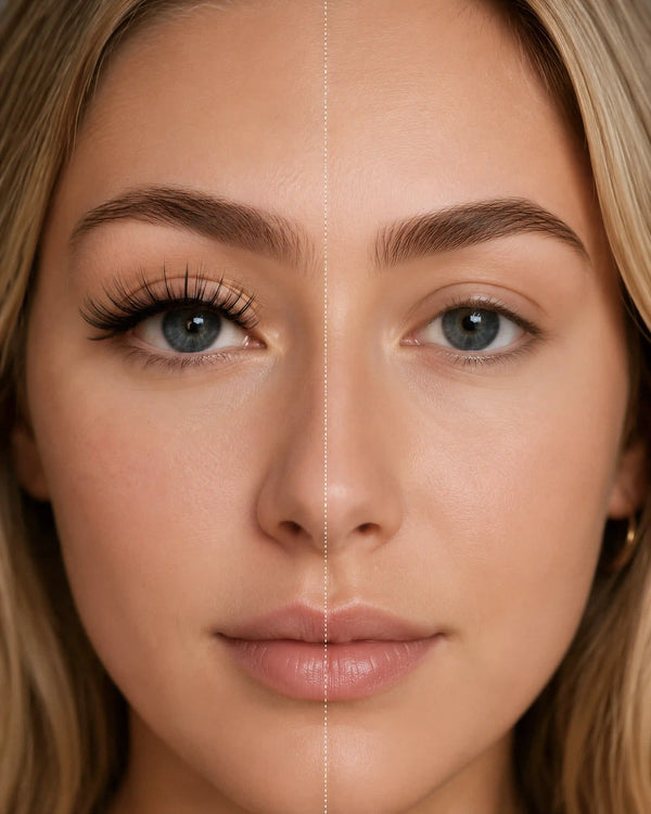Reusable false eyelashes on a model, enhanced upper lashes, eye close-up