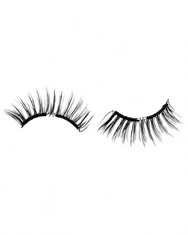 Pair of dark false eyelashes with micro-magnet base, two curved lash bands