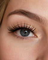 Dark false eyelashes applied on the upper lash line, close-up of one eye