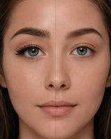 False eyelashes on a face, enhancing blue eyes with a natural lash line.