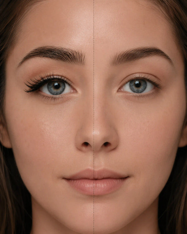 False eyelashes on a face, enhancing blue eyes with a natural lash line.