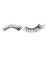 Pair of false eyelash strips with short black, curled, wispy lashes.