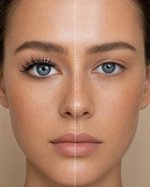 Voluminous false lashes on blue eyes with defined curl and lift