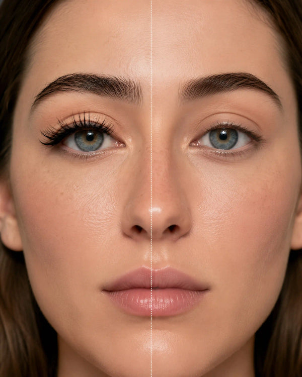 False eyelashes on model's eyes, enhancing a long black lash line
